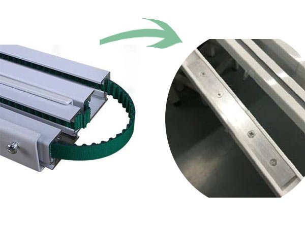 A folded 2-section motorized curtain track assembled to full track